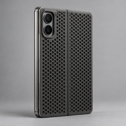Honeycomb Cooling Case – iPhone Duo — back view with foldable device