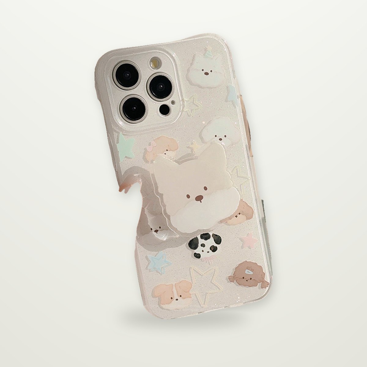 Glitter Puppy Case with Optional Plush Stand for iPhone 11–17