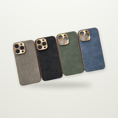 Plated Leather-Texture Case with Metal Lens Frame for iPhone 13–17