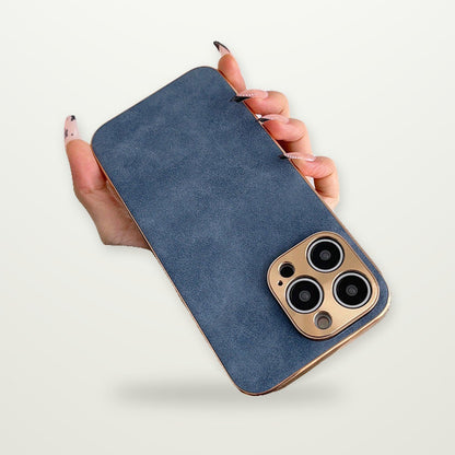 Plated Leather-Texture Case with Metal Lens Frame for iPhone 13–17