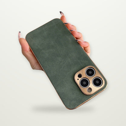 Plated Leather-Texture Case with Metal Lens Frame for iPhone 13–17