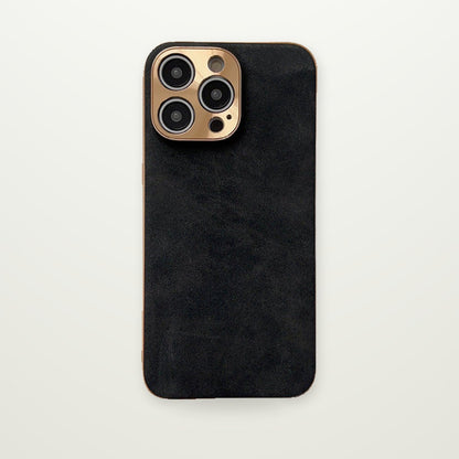 Plated Leather-Texture Case with Metal Lens Frame for iPhone 13–17