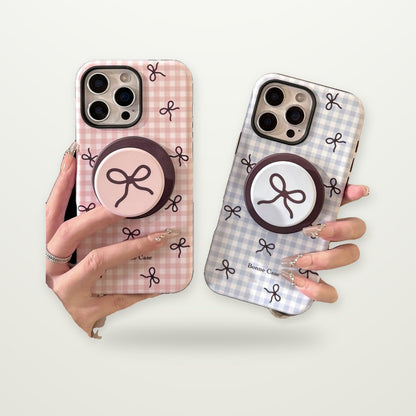 Plaid Bow Case with Optional Magnetic Stand for iPhone 13–17