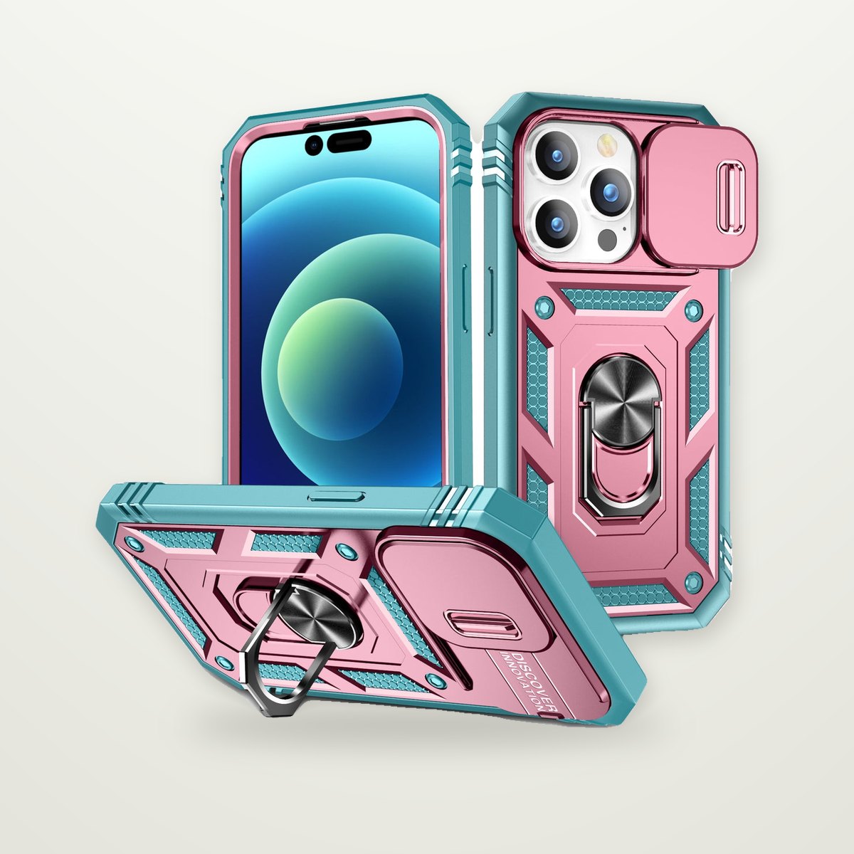 Two-Tone Sliding Camera Cover Stand Case for iPhone 15–17