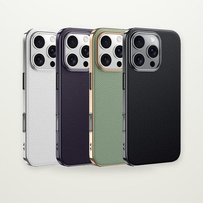 Metal Lens-Frame Leather Case for iPhone 13–17