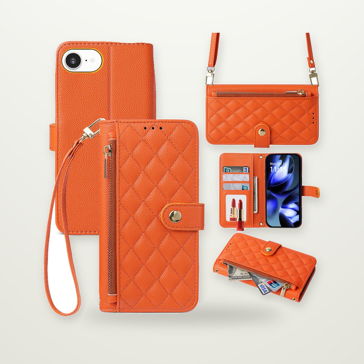 Zip Wallet Crossbody Case with Mirror for iPhone 13–17