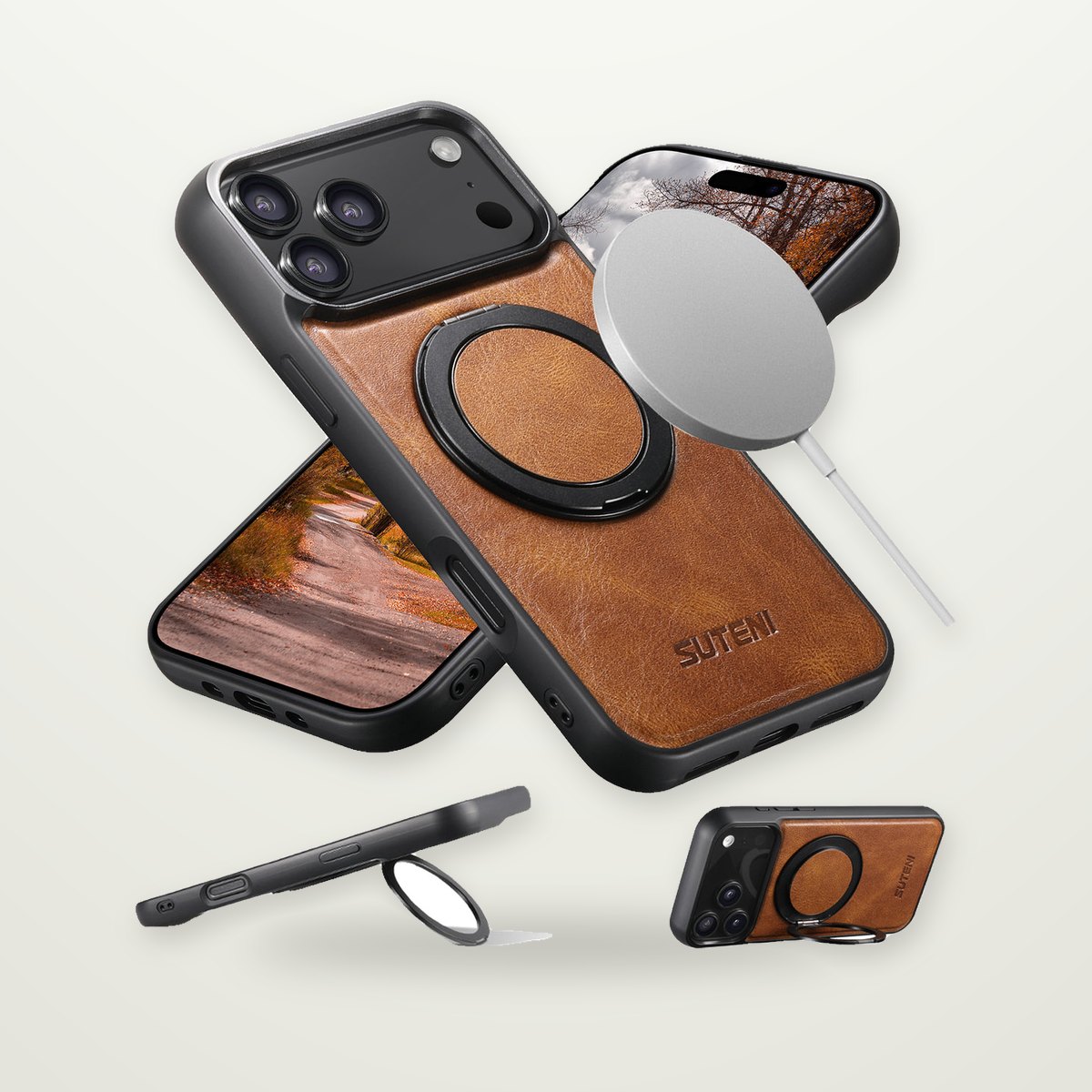 Leather Magnetic Charging Case for iPhone 13–17, Air & Galaxy S24–S25
