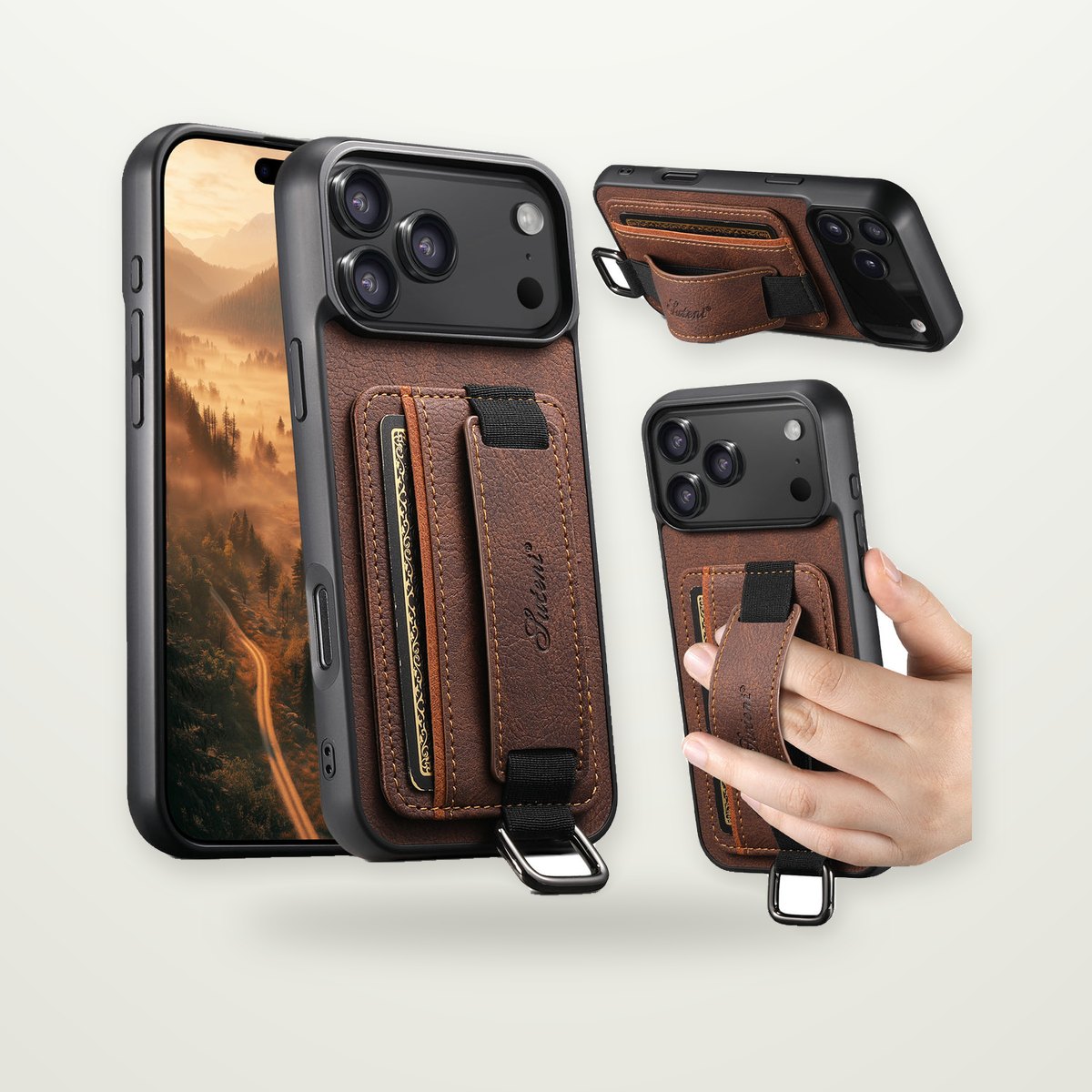 Leather Card Case with Wrist Strap for iPhone 13–17 & Air