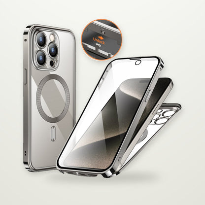 Privacy Glass Metal Buckle Case for iPhone 13–15