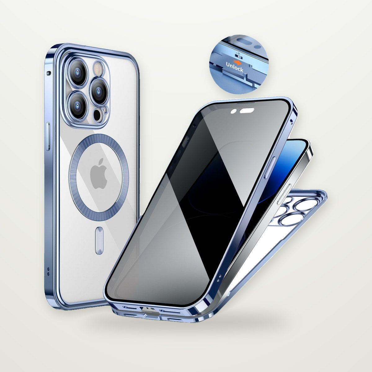 Privacy Glass Metal Buckle Case for iPhone 13–15