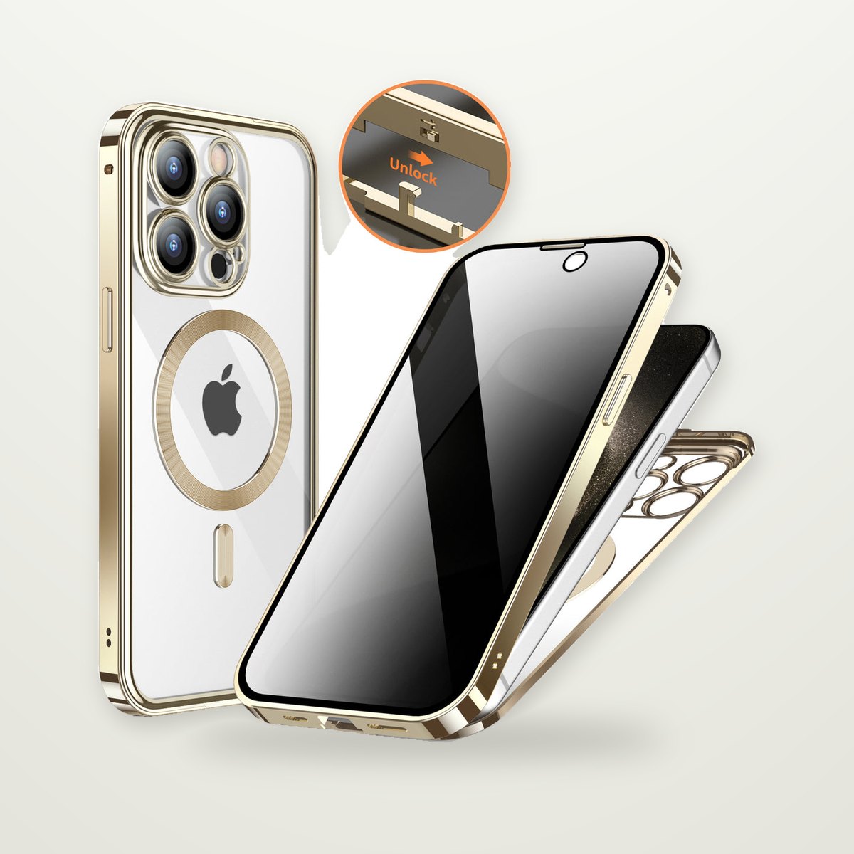 Privacy Glass Metal Buckle Case for iPhone 13–15