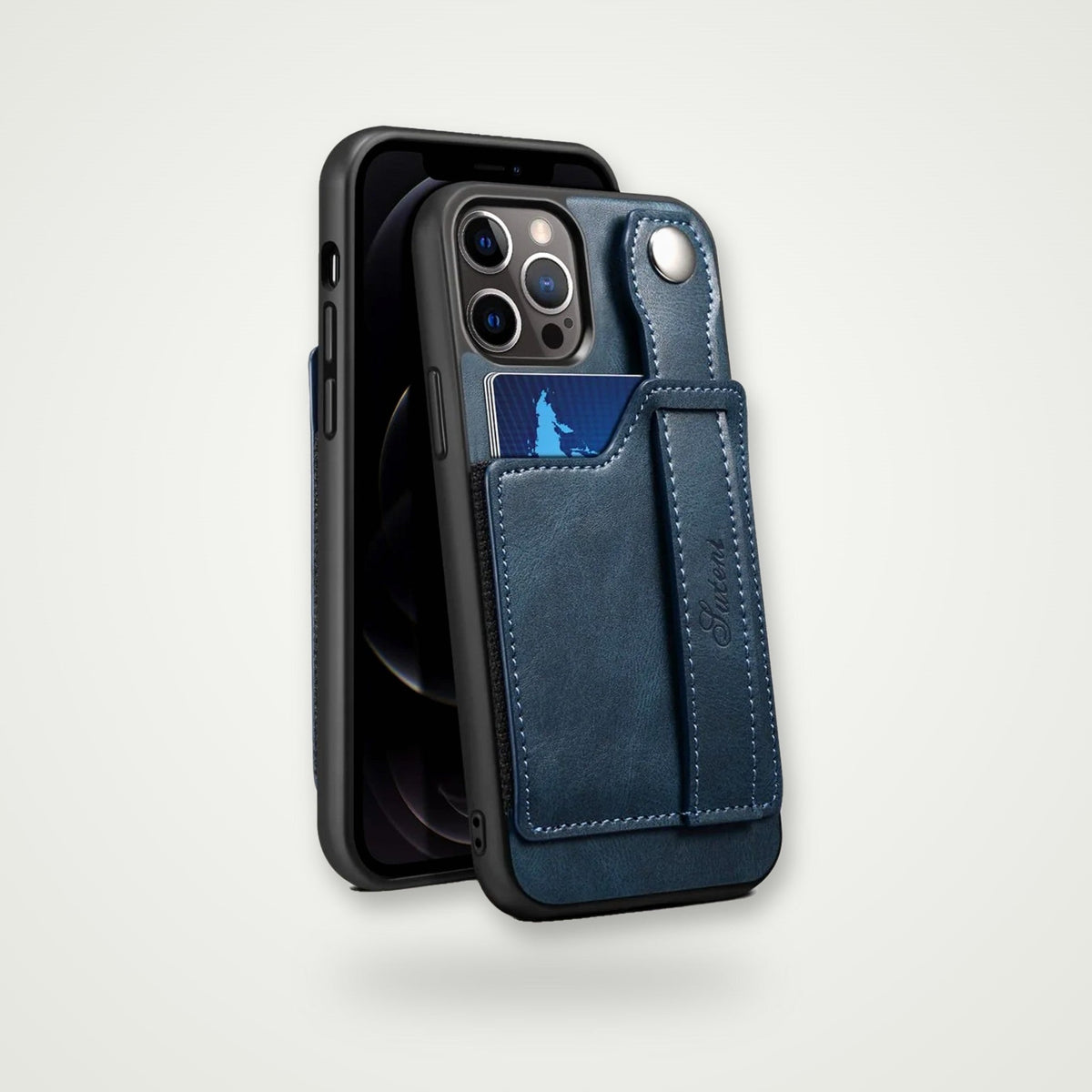 Card & finger ring case for iPhone 13–15, blue