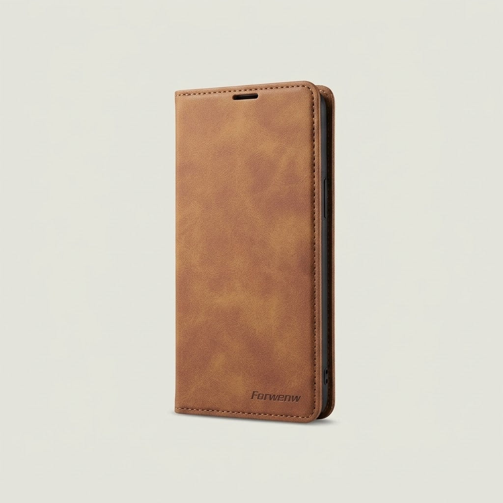 Leather flip wallet phone case, brown
