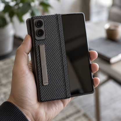 Kevlar-Style Metal-Stand Case – iPhone Duo — in hand