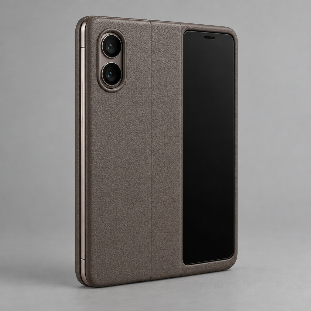 Vegan Leather Soft-Touch Case – iPhone Duo — back view with foldable device