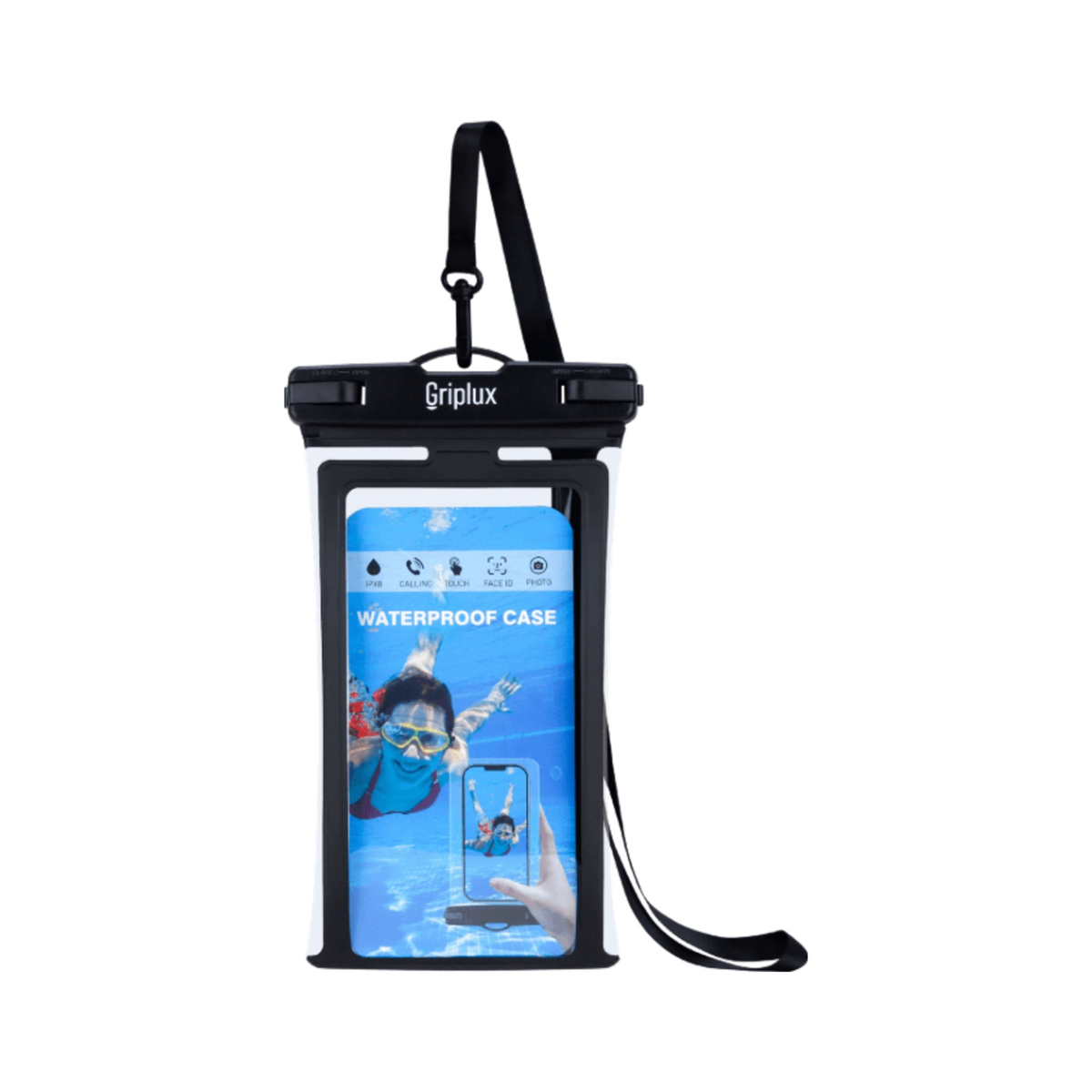 GripLux waterproof floating phone pouch with lanyard, clear touch-screen window