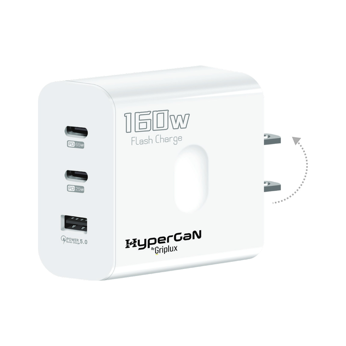 GripLux HyperGaN 160W GaN fast wall charger with two USB-C ports and one USB-A port, foldable US plug