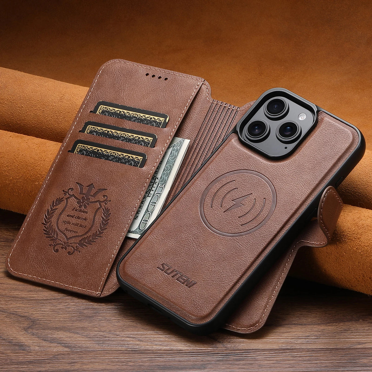 Faux leather flip wallet case with stand for iPhone 12–18, brown