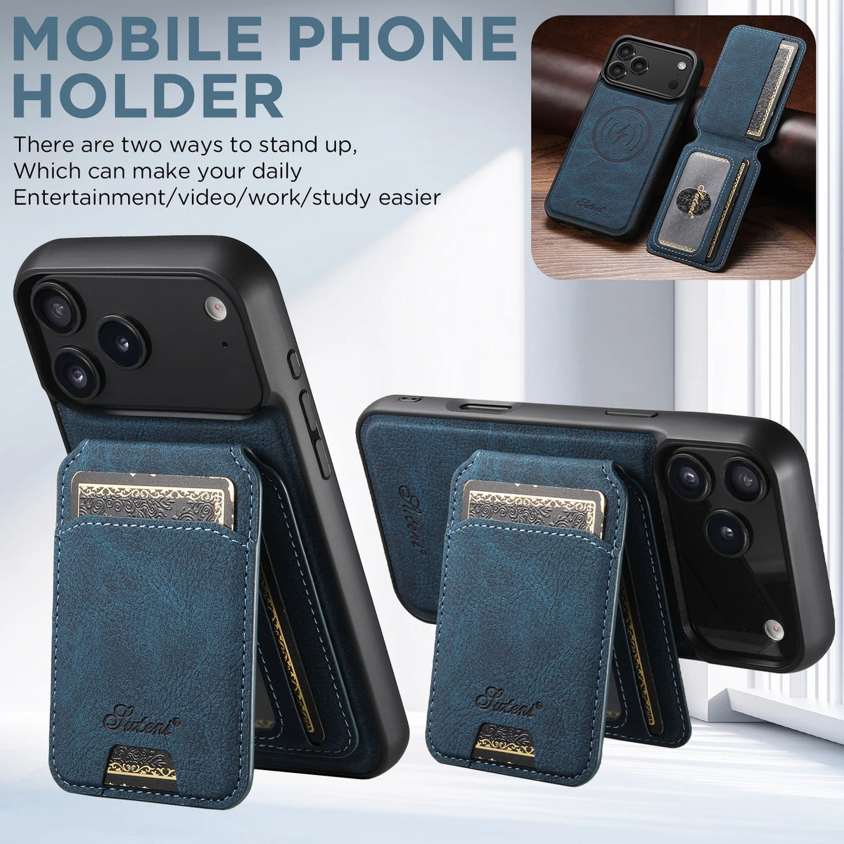 Magnetic card holder phone case with stand for iPhone 12–18, view 5
