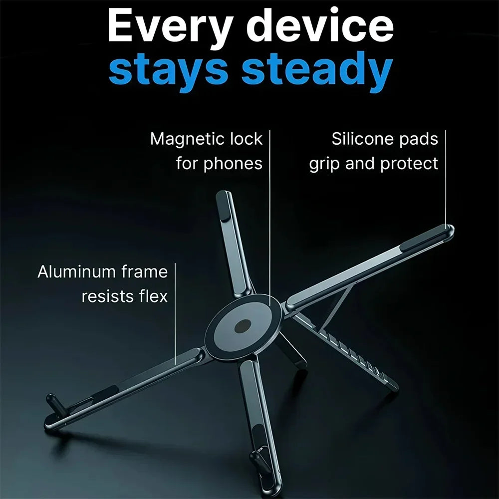 Foldable magnetic aluminum desk phone holder and selfie tripod, view 8