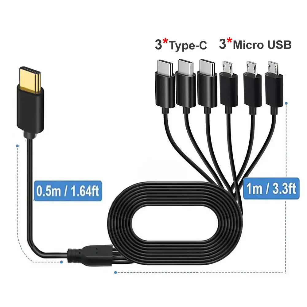 1-to-6 USB-C and micro USB splitter charging cable