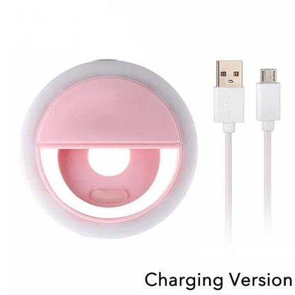 Rechargeable clip-on LED selfie ring light for phones, pink