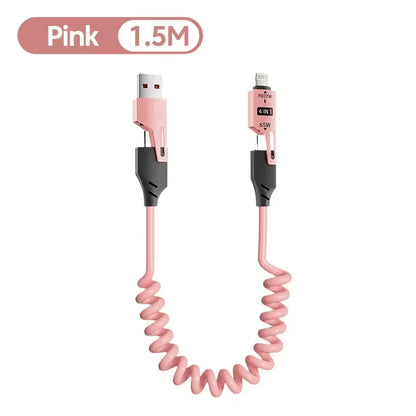 4-in-1 65W coiled charging cable, pink