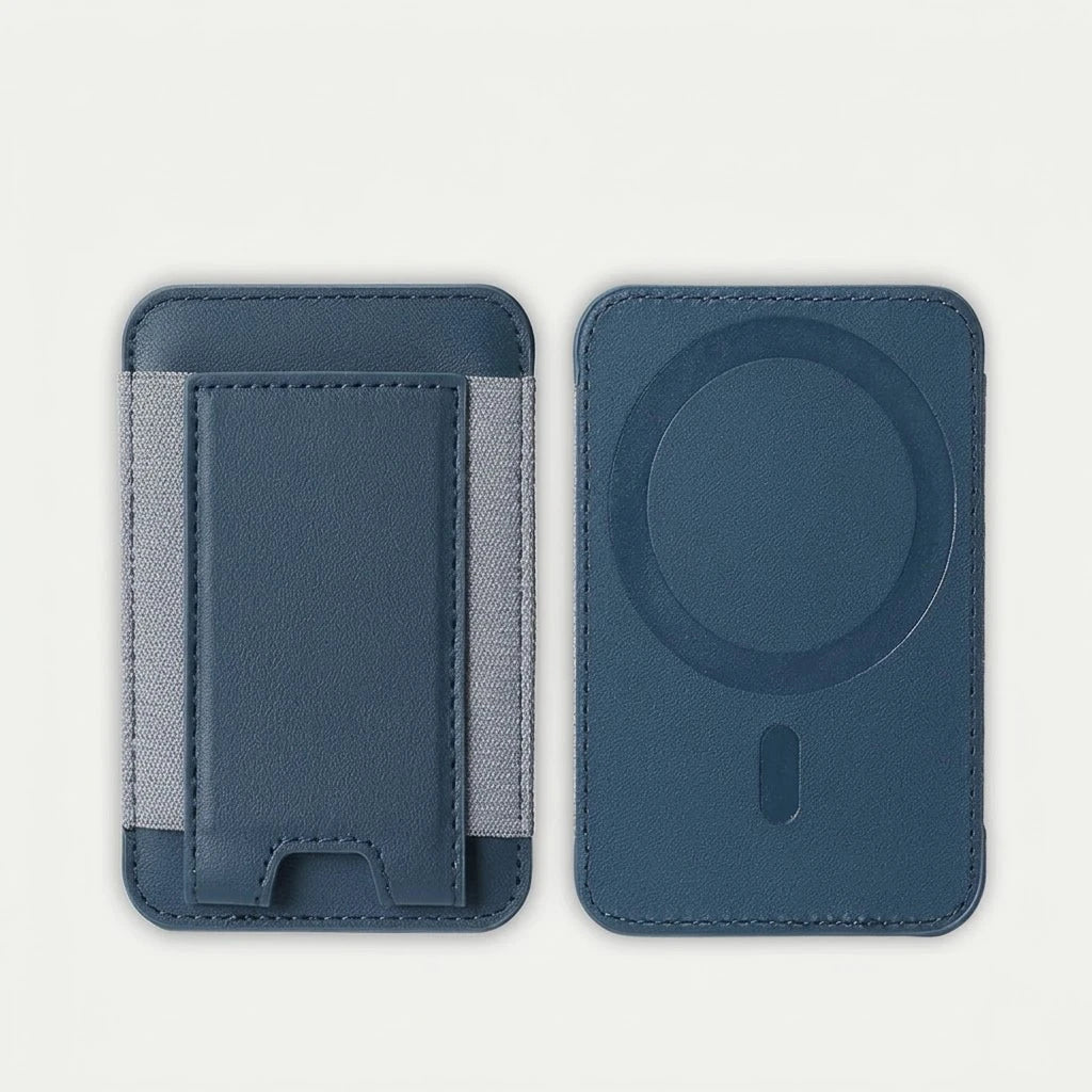 MagSafe leather card holder wallet with elastic pocket, blue