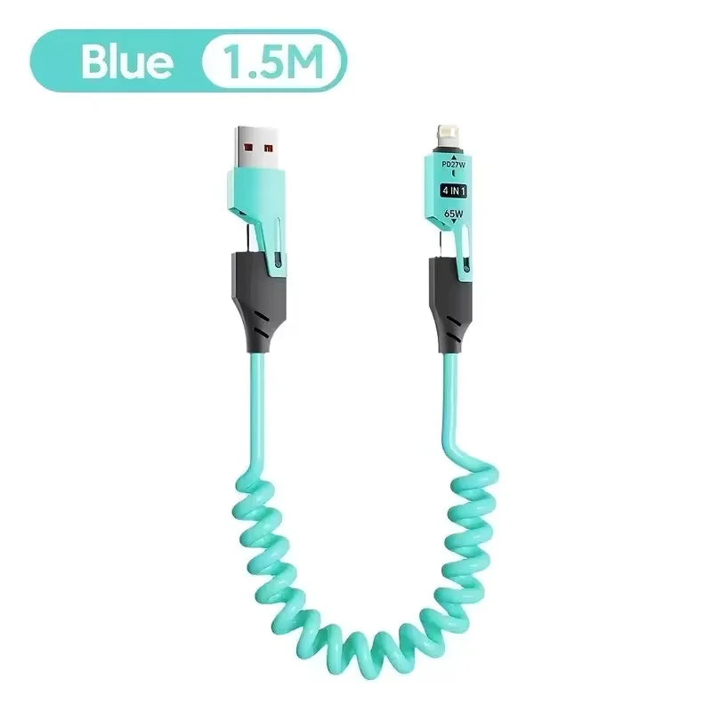 4-in-1 65W coiled charging cable, blue