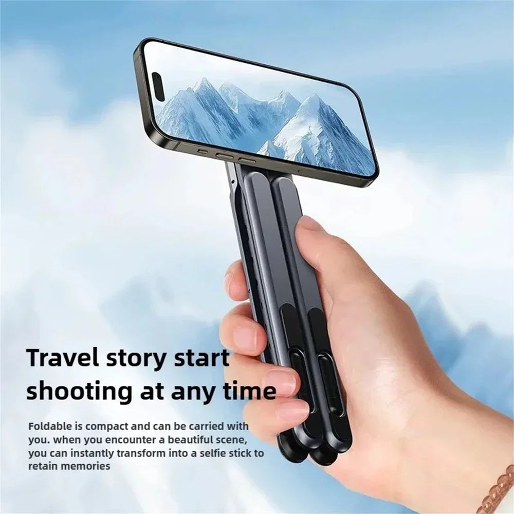 Foldable magnetic aluminum desk phone holder and selfie tripod, view 6