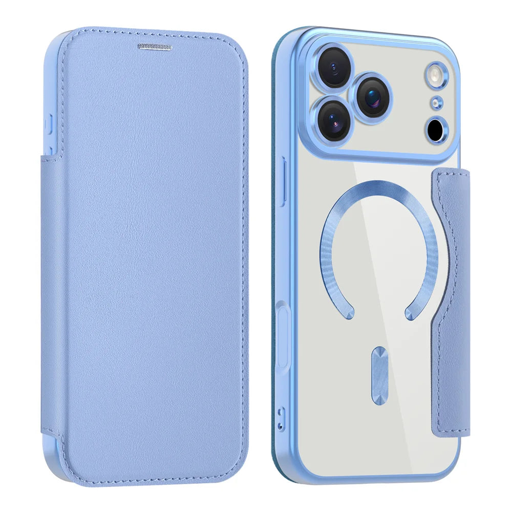 Clear flip leather wallet case, blue