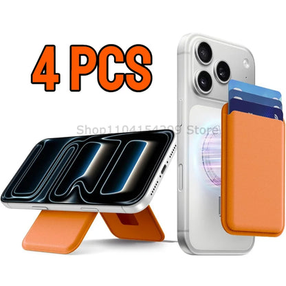 Magnetic leather card wallet with hidden stand for iPhone 13–15, orange, view 13