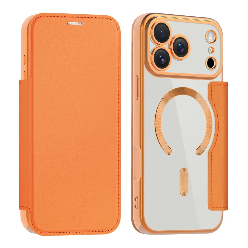Clear flip leather wallet case, orange
