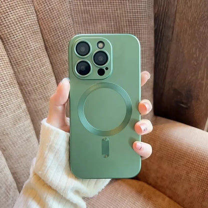 Matte MagSafe case with glass lens protection for iPhone 12–18, alpine green