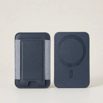 MagSafe leather card holder wallet with elastic pocket, navy blue