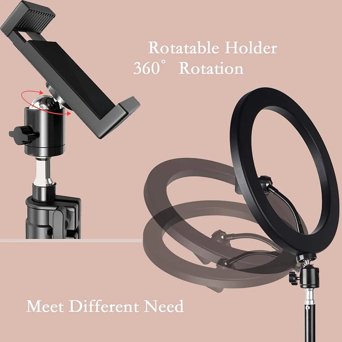LED selfie ring light with tripod, phone holder and remote, view 4