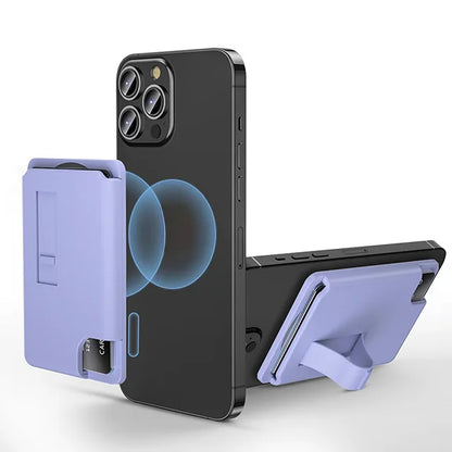 Magnetic card holder with finger strap grip, purple