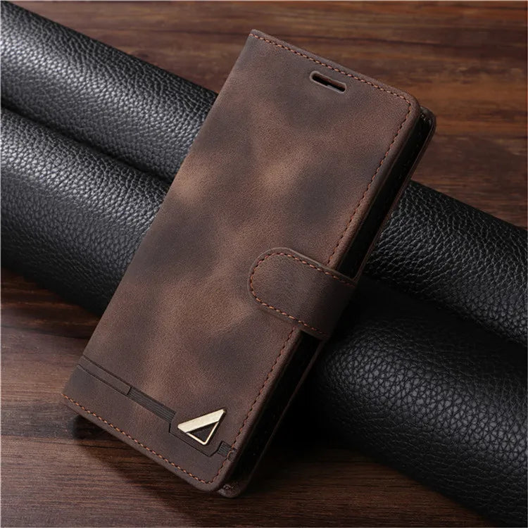 Leather flip wallet case with stand for Samsung Galaxy S and Note, brown