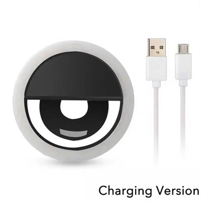 Rechargeable clip-on LED selfie ring light for phones, black