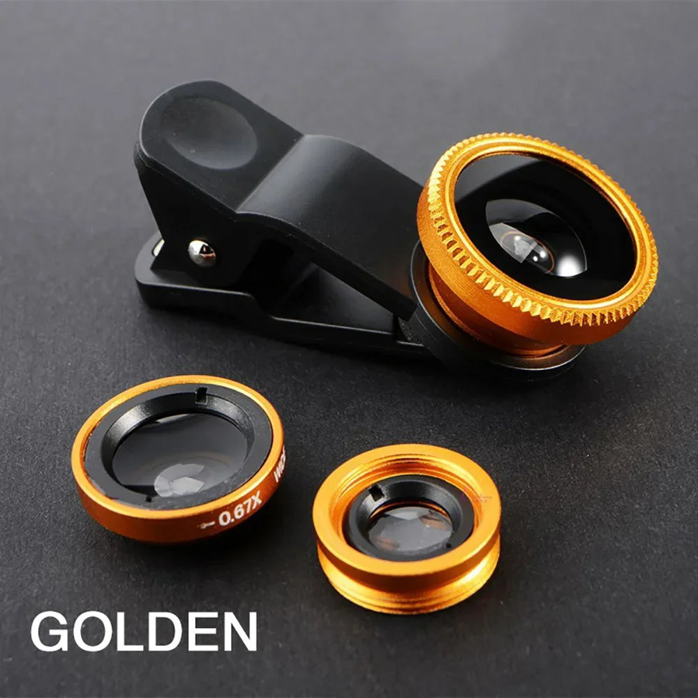 3-in-1 clip-on phone lens kit with fisheye, wide angle and macro, golden