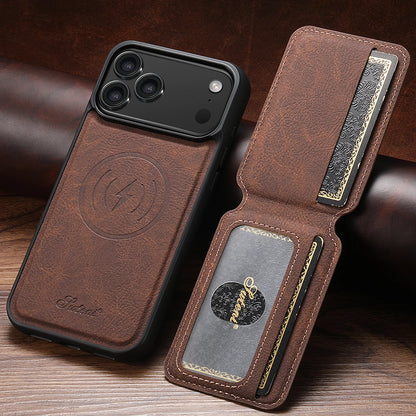 Magnetic card holder phone case with stand for iPhone 12–18, brown