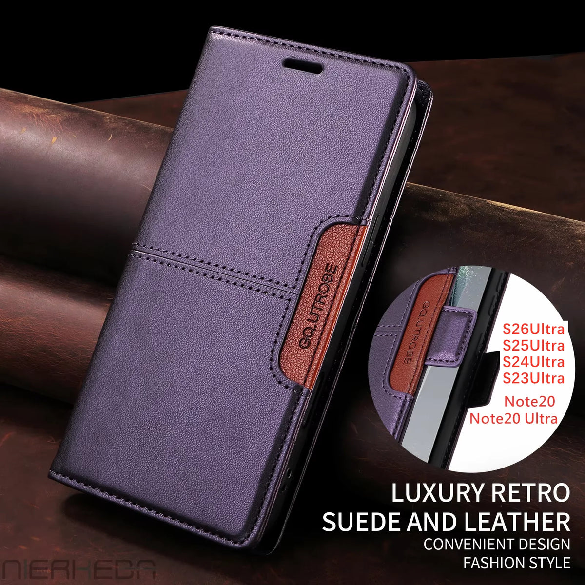Flip leather wallet case for Samsung Galaxy S, Note and A series, purple