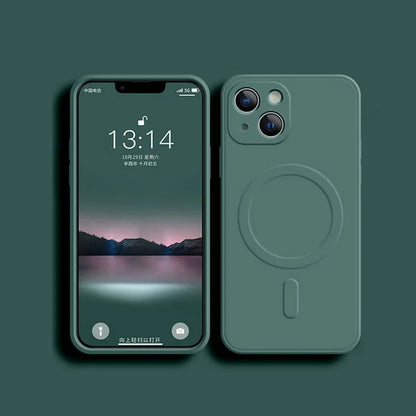 Shockproof silicone MagSafe case for iPhone 11–18, dark green