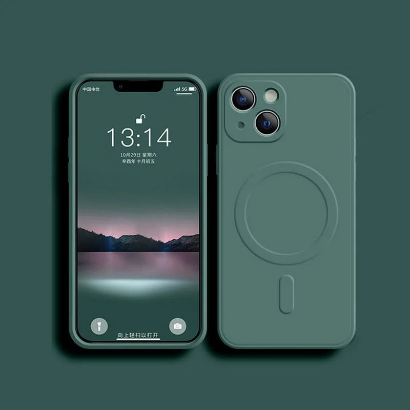 Shockproof silicone MagSafe case for iPhone 11–18, dark green