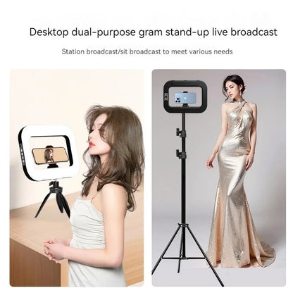 Rechargeable handheld LED ring light with tripod and phone holder, view 2