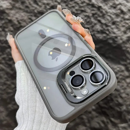 Magnetic kickstand case with lens protection for iPhone 11–18, gray