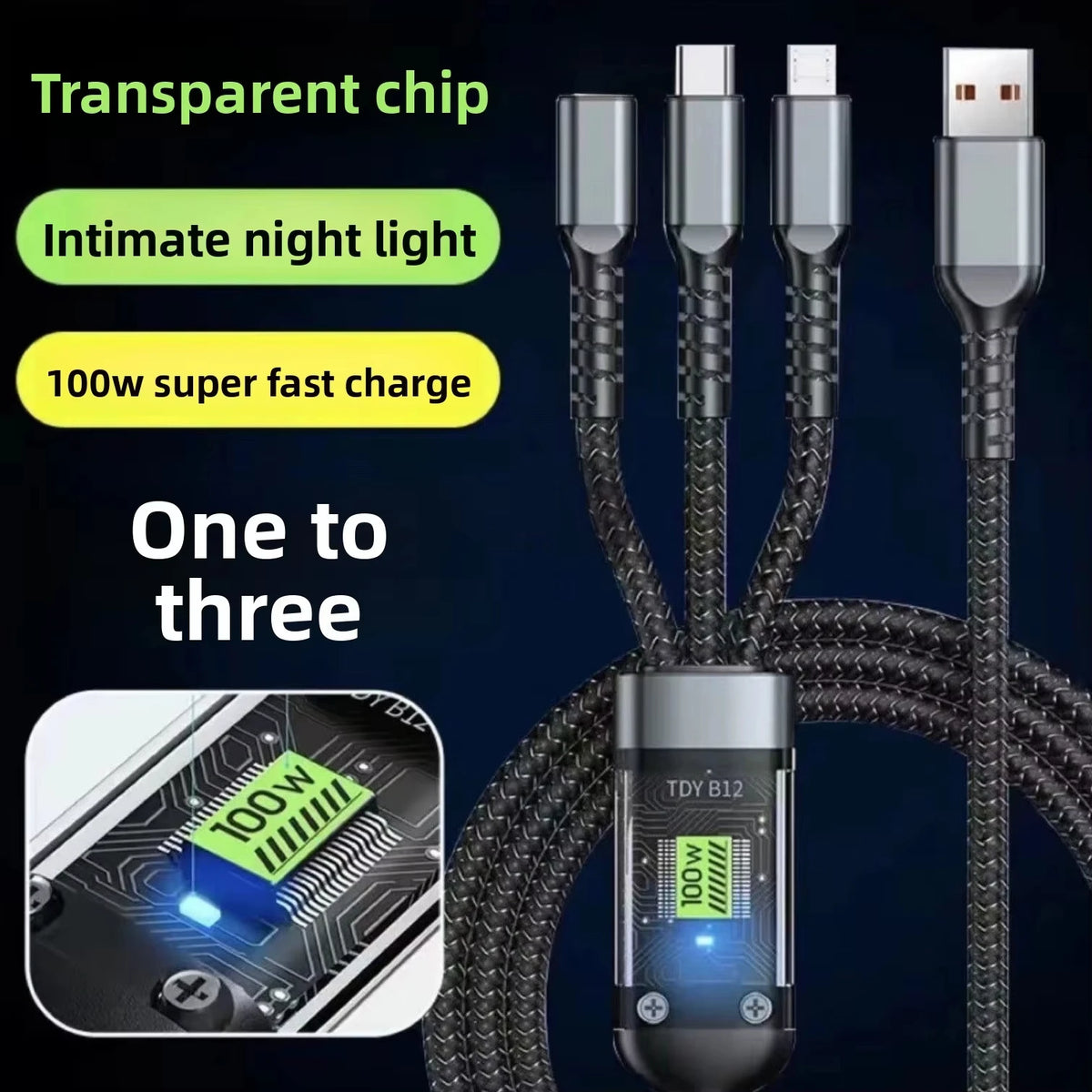 100W 3-in-1 transparent charging cable with digital display