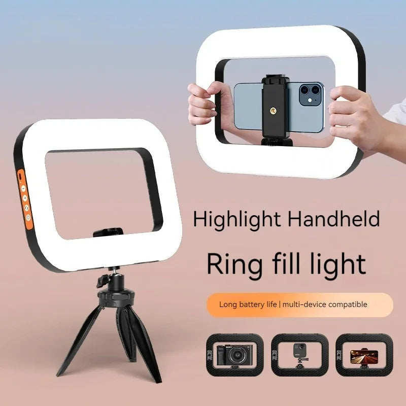 Rechargeable handheld LED ring light with tripod and phone holder