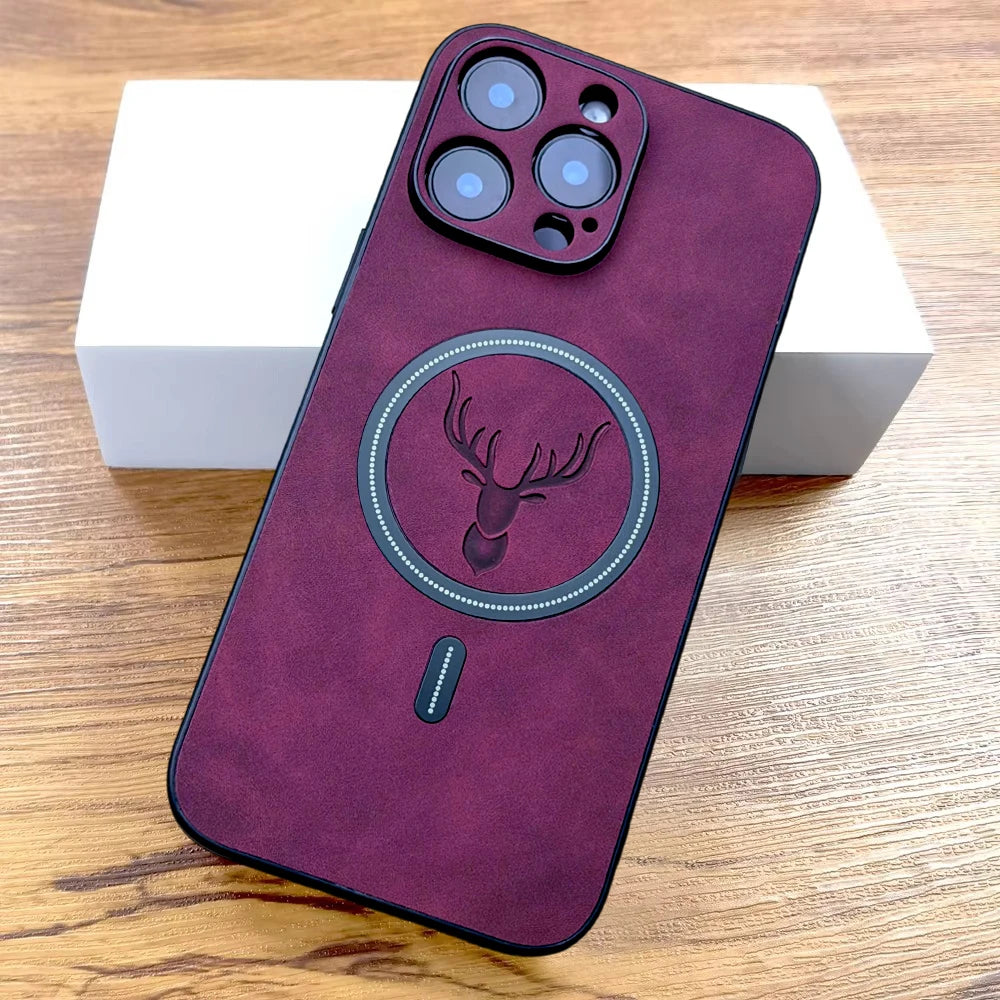 PU leather deer MagSafe case for iPhone 11–18, wine red