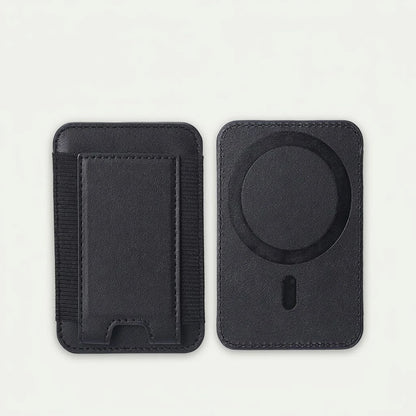 MagSafe leather card holder wallet with elastic pocket, black